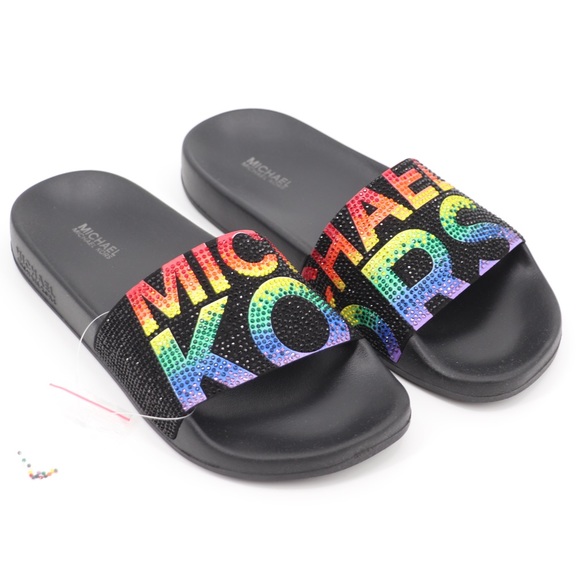 New Michael Kors 7 Gilmore Embellished Slide Sandals Black Multi - Picture 4 of 16